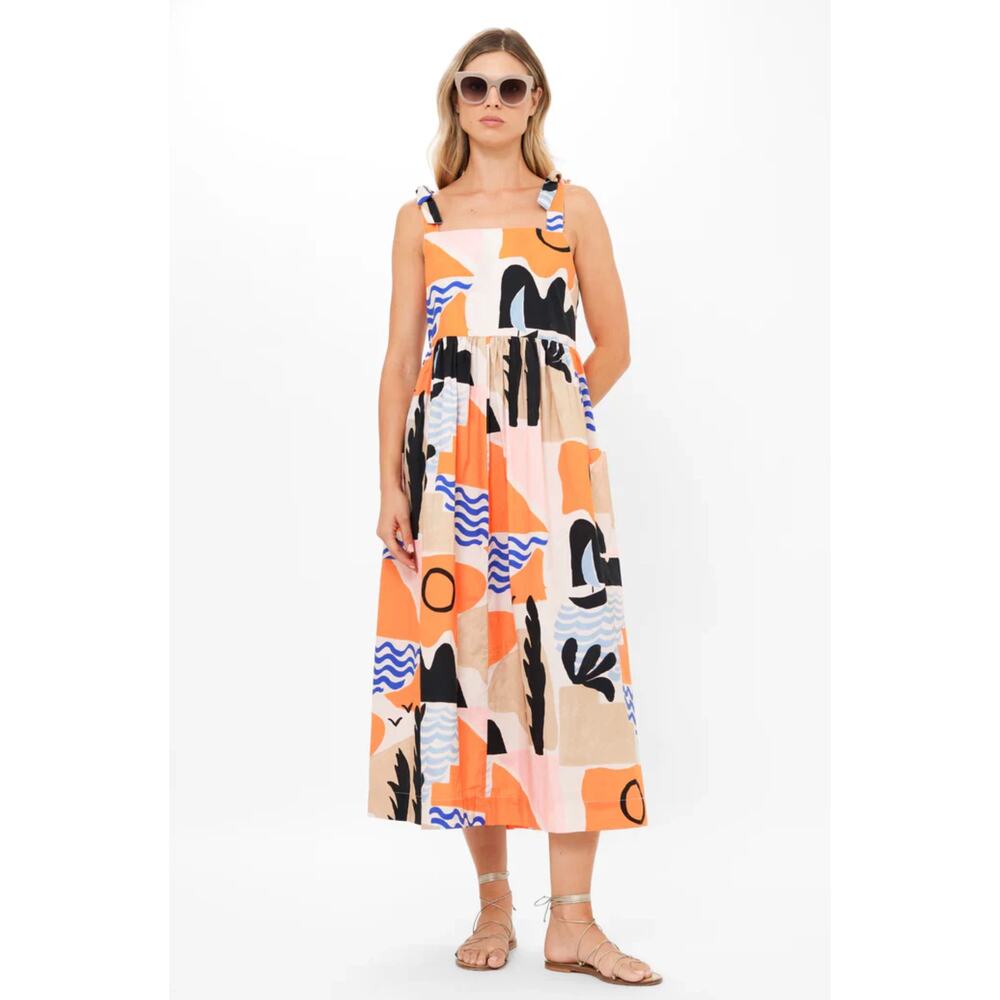 Oliphant Abstract Print Cotton Maxi Dress Tie Strap Coastal Boho Vacation XL